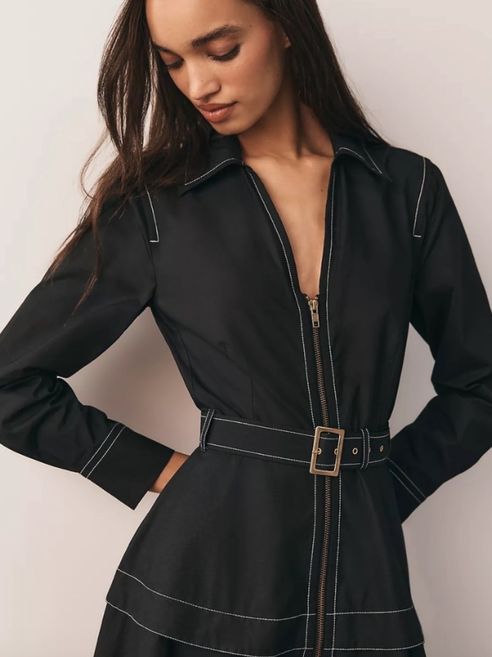 By Anthropologie Long Sleeve Belted Front Zip Midi Dress